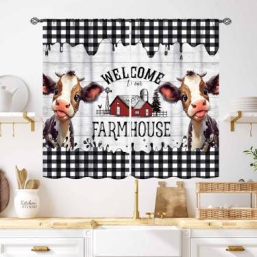 Imagem de Cortinas de cozinha de fazenda, rústicas ocidentais fofas vacas de madeira preto e branco búfalo xadrez cortinas para quarto, sala de estar, banheiro, café, 2 painéis, 139 x 99 cm
