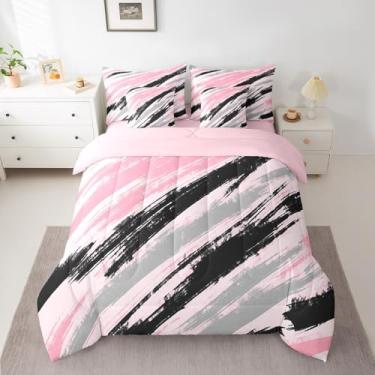 Imagem de jejeloiu Conjunto de edredom listrado rosa com lençóis, tamanho Queen, abstrato, geométrico, 7 peças, arte moderna, para todas as estações, respirável, macio, leve, geométrico, decoração de quarto