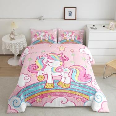 Imagem de Feelyou Jogo de cama solteiro de unicórnio, estampa de estrela, arco-íris, conjunto de edredom para meninas, com estampa de animal fofo, edredom de unicórnio, arco-íris, decoração de quarto