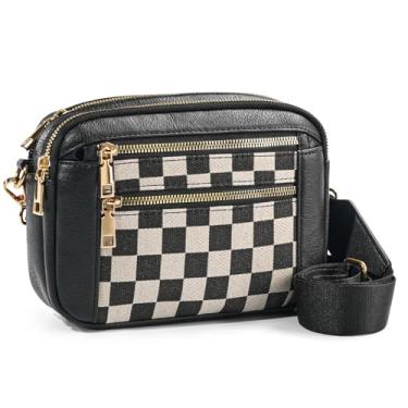 Imagem de WJCD Bolsa tiracolo feminina - bolsa de ombro leve de couro vegano com alça ajustável, bolsas pequenas elegantes, Preta com grade, Estilo britânico clássico