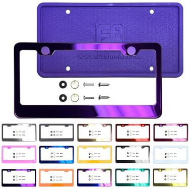 Imagem de Moldura de placa de licença de proteção traseira de silicone espelho roxo galvanoplastia cromada ajuste universal de alumínio rosqueado na tampa, aço inoxidável T304, parafusos de aço à prova de ferrugem à prova de intempéries (quantidade: 1 moldura)