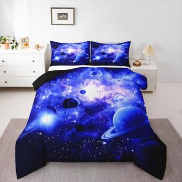 Imagem de Conjunto de edredom com estampa espacial 3D, universo, nuvem, galáxia, para meninos e meninas, conjunto de edredom com estampa de luz das estrelas, respirável, macio, leve, sistema solar, conjunto de