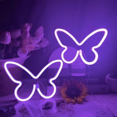 Imagem de 2 peças de letreiros de néon borboleta roxa LED neon para quarto, USB/3AA alimentado por bateria neon sinal de parede para dia dos namorados, aniversário, festa de casamento, decoração de bar em casa