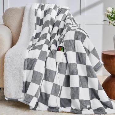 Imagem de Cobertor elétrico aquecido, cobertor de aquecimento 127 x 152 cm com 10 níveis de calor e desligamento automático de 8 horas para o colo, cobertor xadrez cinza claro sherpa xadrez quente presente para
