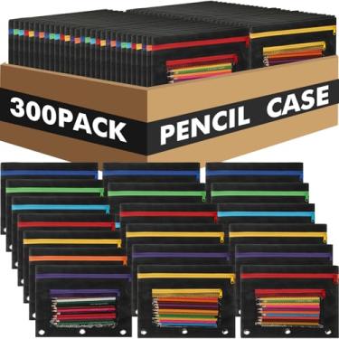 Imagem de Zhehao 300 unidades de fichário, bolsa de lápis de malha a granel para fichário de 3 anéis com zíper e bolso duplo para utensílios de escrita, material escolar (cor escura)