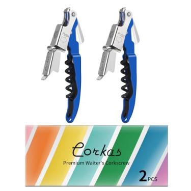 Imagem de CORKAS Chave de vinho - Pacote com 2 saca-rolhas profissionais feito à mão, abridor de vinho compacto e resistente com dobradiça dupla, cortador de folha e abridor de garrafa, presentes de aniversário