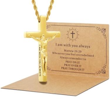 Imagem de DS Colar de cruz cristã para homens e mulheres - colares de crucifixo de aço inoxidável ouro 18K com versículo bíblico inspirador presente religioso para oração fé Jesus/Deus cristão católico joia