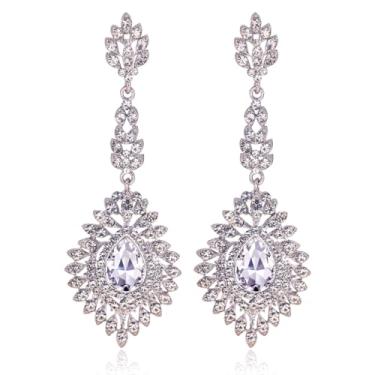 Imagem de Brincos pendentes de gota de cristal - Brincos pendentes de prata esterlina S925 com strass para mulheres, casamentos, noivas, damas de honra, festa, formatura, concurso, moda, bijuteria, Strass, Sem