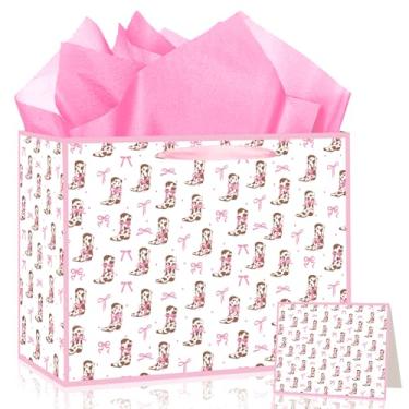 Imagem de Bolsa grande de presente de vaqueira com papel de seda e cartão, sacolas de presente ocidentais rosa, decorações de festa de vaqueira para mulheres, meninas, crianças, lembrancinhas de festa de