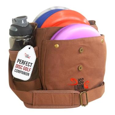 Imagem de Bolsa de golfe com disco de vida | Bolsa de golfe Frisbee | Leve para até 10 discos | Passador de cinto | Alça de ombro ajustável | Design de botão frontal duplo | Suporte de garrafa | Tela durável, Marrom