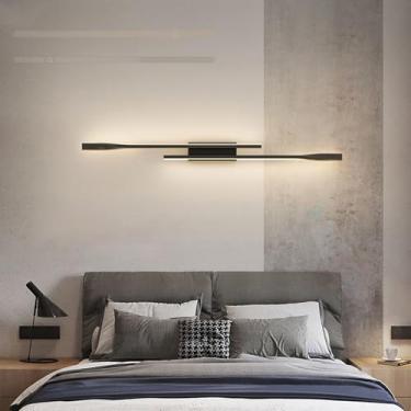 Imagem de GZZBMY Lâmpada de parede longa LED regulável para interior com controle remoto Arandelas de parede de acrílico de alumínio linear moderno para sala de estar quarto corredor 3000K-6500K (preto, 60 cm)