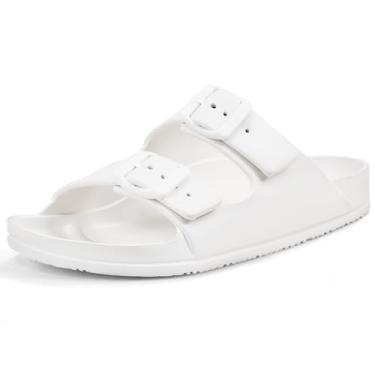 Imagem de Temi Sandálias femininas deslizantes com fivelas duplas ajustáveis e suporte de arco médio - Sapatilhas de EVA confortáveis para o verão na praia e piscina para mulheres, Branco, 36