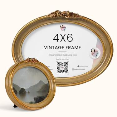 Imagem de 97 Decor Moldura oval vintage, 10 x 15 cm, moldura oval dourada, 10 x 15 cm, molduras ornamentadas elegantes, 10 x 15 cm, molduras com vidro frontal para pendurar na mesa e na parede, decoração de