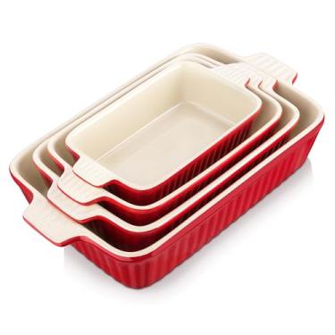Imagem de Conjunto de 4 assadeiras de porcelana MALACASA para forno, caçarola, assadeira retangular de cerâmica para cozinhar bolo, torta, cozinha, vermelho (24 cm/28,5 cm/32 cm/37 cm)
