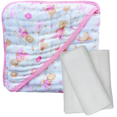 Imagem de Kit Toalha de Banho Bebê Soft com Capuz + 3 Fraldas de Ombro Brancas com Bainha 100% Algodão (Ursa Bear Rosa)