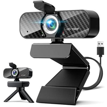 Imagem de Webcam Full HD 1080p com microfone integrado e tripé rotativo, placa de fibra de carbono e capa de privacidade, correção automática de luz, FOV ajustável, plug & play para zoom/Skype/facetime/YouTube