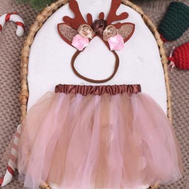 Imagem de Nova roupa de fotografia de Natal recém-nascido saia bufante de malha infantil conjunto de argola de cabelo flor de alce posando adereços (rosa)