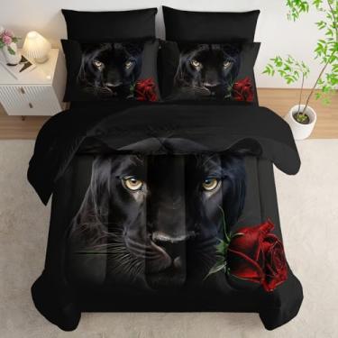 Imagem de AILONEN Jogo de edredom tamanho casal, 7 peças, leopardo preto 3D com rosa vermelha em uma bolsa, temática de vida selvagem, edredom e lençol com elástico com lençol de cima e 2 fronhas, 2 fronhas