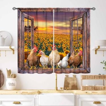 Imagem de Cortinas de cozinha de galo, fazenda, girassol, vintage, galinha, rústica, celeiro de madeira, pequeno e curto, cortinas de janela de café, bolso para varão, quarto, sala de estar, banheiro, 2 painéis