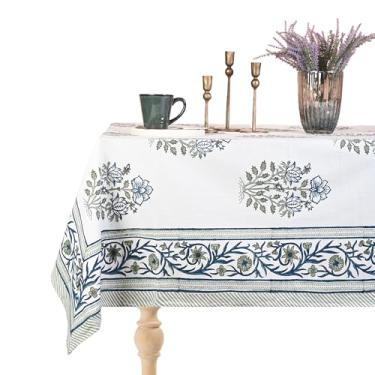 Imagem de Perilla Home Toalha de mesa multicolorida 100% algodão 152 x 272 cm | Toalha de mesa retangular com estampa bloco de mão para 6 lugares | Toalha de mesa lavável para outono, decoração, Natal, Ação de
