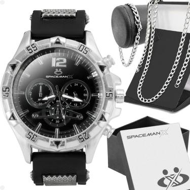 Imagem de Relogio Masculino Prateado + Pulseira + Cordão Prata Grumet Casual Social Presente Qualidade Premium