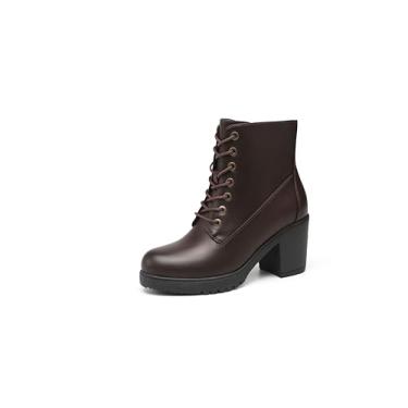 Imagem de TYNDALL Botas femininas de salto grosso, salto alto, com cadarço, zíper lateral, botas para meninas, pretas, Marrom, 35