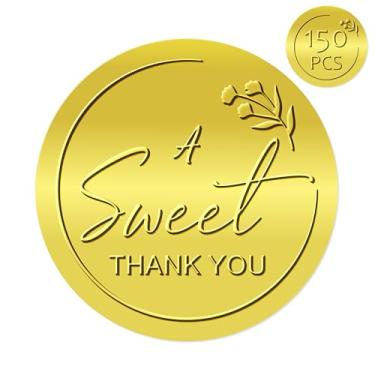 Imagem de 150 peças adesivos A Sweet Thank You, etiquetas redondas douradas em relevo, selos autoadesivos de agradecimento de folha fosca dourada para lembrancinhas de casamento, bolsa de lanche, doces