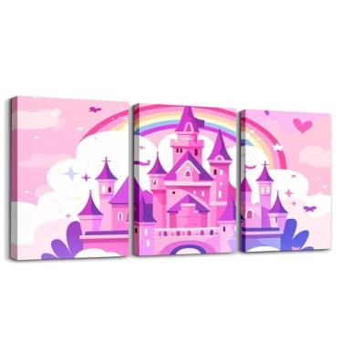 Imagem de jejeloiu Arte de parede em tela de princesa para meninas para sala de estar quarto 30,5 x 40,6 cm x 3 peças de desenho animado castelo roxo decoração de parede para decoração de casa de banho para