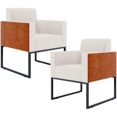 Imagem de Kit 02 Poltronas Decorativas Sala Base fixa Metal Helô L02 Linho Cru m