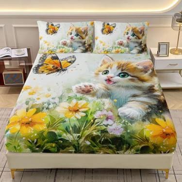 Imagem de AILONEN Jogo de lençol solteiro com estampa de gato adorável e borboleta, floral, 3 peças, desenho animado, gatinho, animal de estimação, lençol com elástico e 2 fronhas