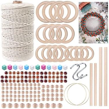 Imagem de Kit de macramê para iniciantes, 169 peças, 3 mm x 210 metros, algodão natural, macramê, melhores suprimentos de macramê para cabides de plantas de macramê com contas de madeira, anéis de madeira, palitos de madeira, ganchos em S