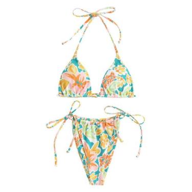 Imagem de Biquíni ZAFUL Triangle para mulheres, corte alto, amarelo, floral