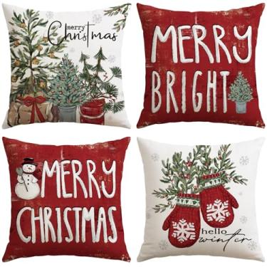 Imagem de OTOSTAR Conjunto de 4 capas de travesseiro de Natal 45,7 x 45,7 cm, luvas de boneco de neve, capas de almofada, decoração de inverno para sofá, sofá, casa, (luvas vermelhas)