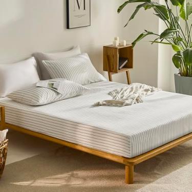 Imagem de JELLYMONI Lençol de elástico 100% algodão, branco com listras verticais finas cinza, ultramacio, respirável, com bolsos extra profundos de 40,6 cm, tamanho Queen, 1 peça