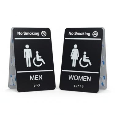 Imagem de Placas de banheiro unissex 2 em 1 para negócios com placa de não fumar, 2 placas de banheiro masculinas e femininas, compatível com ADA em braile de grau 2, ícones elevados, fita dupla face 3M para
