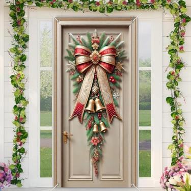 Imagem de BlissYard Capa de porta de Natal design de arco de sinos festivos 71 x 35 polegadas inverno elegante capa de portas de entrada feliz feriado decoração de porta de entrada bandeira para celebrações