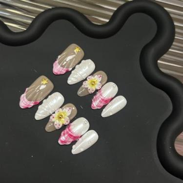 Imagem de Unhas postiças grossas feitas à mão de amêndoa média com cola, unhas postiças brancas com glitter, flores tropicais, design de arte reutilizável, unhas de acrílico de gel multicamadas para mulheres