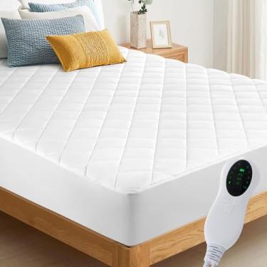 Imagem de Colchão elétrico aquecido, tamanho casal, aquecedor de cama luxuoso, 10 configurações de aquecimento, desligamento automático de 2 a 4 a 8 horas, cabe em bolsos profundos de até 45 cm | Lavável na