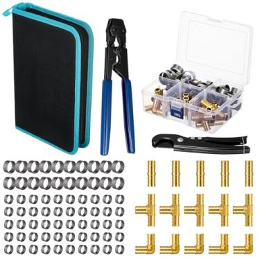 Imagem de Otoolling Kit de ferramentas de acampamento PEX Cinch Ferramenta de crimpagem de 9,5 cm a 2,5 cm com cortador de mangueira de tubo, 15 peças de acessórios de latão de 1/5.1 cm, combo de 50 peças de 1