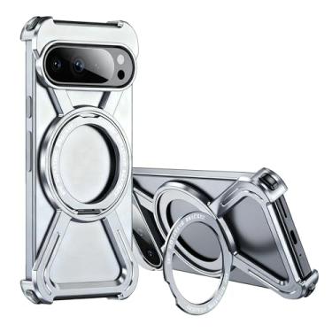 Imagem de Asdsinfor Capa de esqueleto para Google 9 Pro XL estilo titânio proteção contra quedas de grau militar com suporte giratório de 360° compatível com amortecedor de carga rápida para Google Pixel 9 Pro