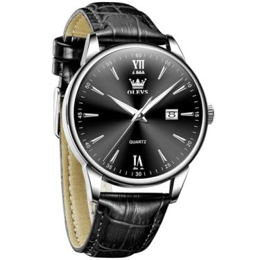 Imagem de OLEVS Relógios de couro masculinos com pulseira de couro para homens com data, à prova d'água, rosto grande, fácil leitura, casual, quartzo, analógico, minimalista, Relojes para Hombres, Couro preto