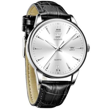 Imagem de OLEVS Relógios de couro masculinos com pulseira de couro para homens com data, à prova d'água, rosto grande, fácil leitura, casual, quartzo, analógico, minimalista, Relojes para Hombres, Couro preto