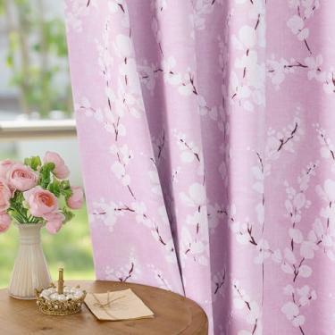Imagem de FMFUNCTEX Cortinas florais 100% blackout para quarto, cortinas rosa 213,4 cm de comprimento, flores estampadas para sala de estar, cortinas de berçário com isolamento térmico, 2 painéis superiores com