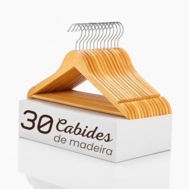 Imagem de Kit 30 Cabides de Madeira Adulto Reforçado com Gancho Giratório