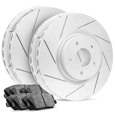 Imagem de R1 Concepts Rotores de freio traseiros dianteiros da série Carbon com ranhuras com pastilhas de cerâmica e kit de ferragens CPS.59059.42