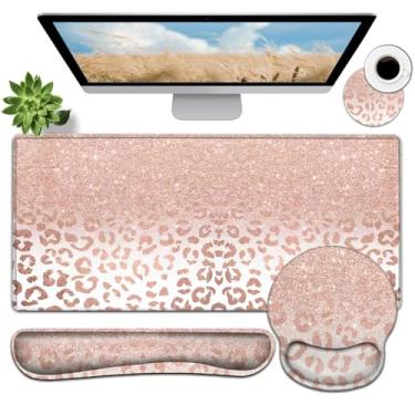 Imagem de Mouse pad grande, mouse pad ergonômico com descanso de pulso e teclado descanso de pulso conjunto 4 em 1, 80 x 30 cm almofada de mesa estendida para escritório em casa, rosa leopardo padrão XXL tapete