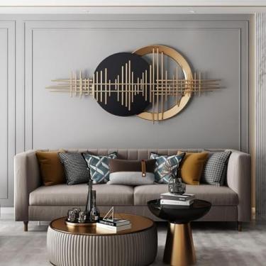 Imagem de YTHLZVBP Decoração de parede de metal grande arte de parede de metal círculos geométricos decoração de parede para sala de estar, linhas douradas irregulares 3D esculturas redondas modernas para