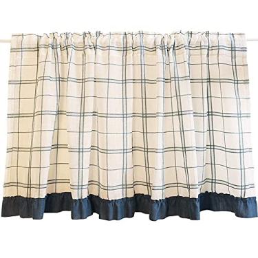 Imagem de LUOFDCLDDD Cortina, meia cortina de fio de linho, cortina curta, cortina de cozinha, café, cortina xadrez pastoral americana/para decoração/banheiro/porta de armário/pia/1 peça/L 130 x A60 cm