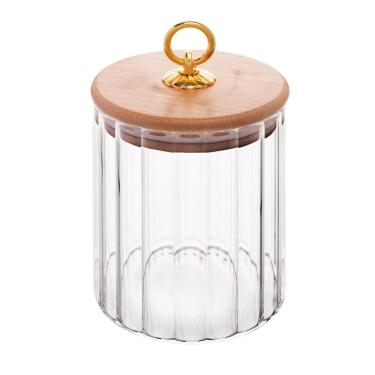 Imagem de Pote Porta Mantimentos de Vidro Canelado C/Tampa Hermética de Bambu e Puxador de Metal Classic 550ml Wolff
