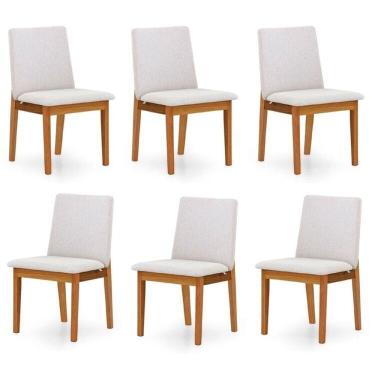 Imagem de Kit 6 Cadeiras para Sala de Jantar Estofada Madeira Maciça Cecília Bege Claro